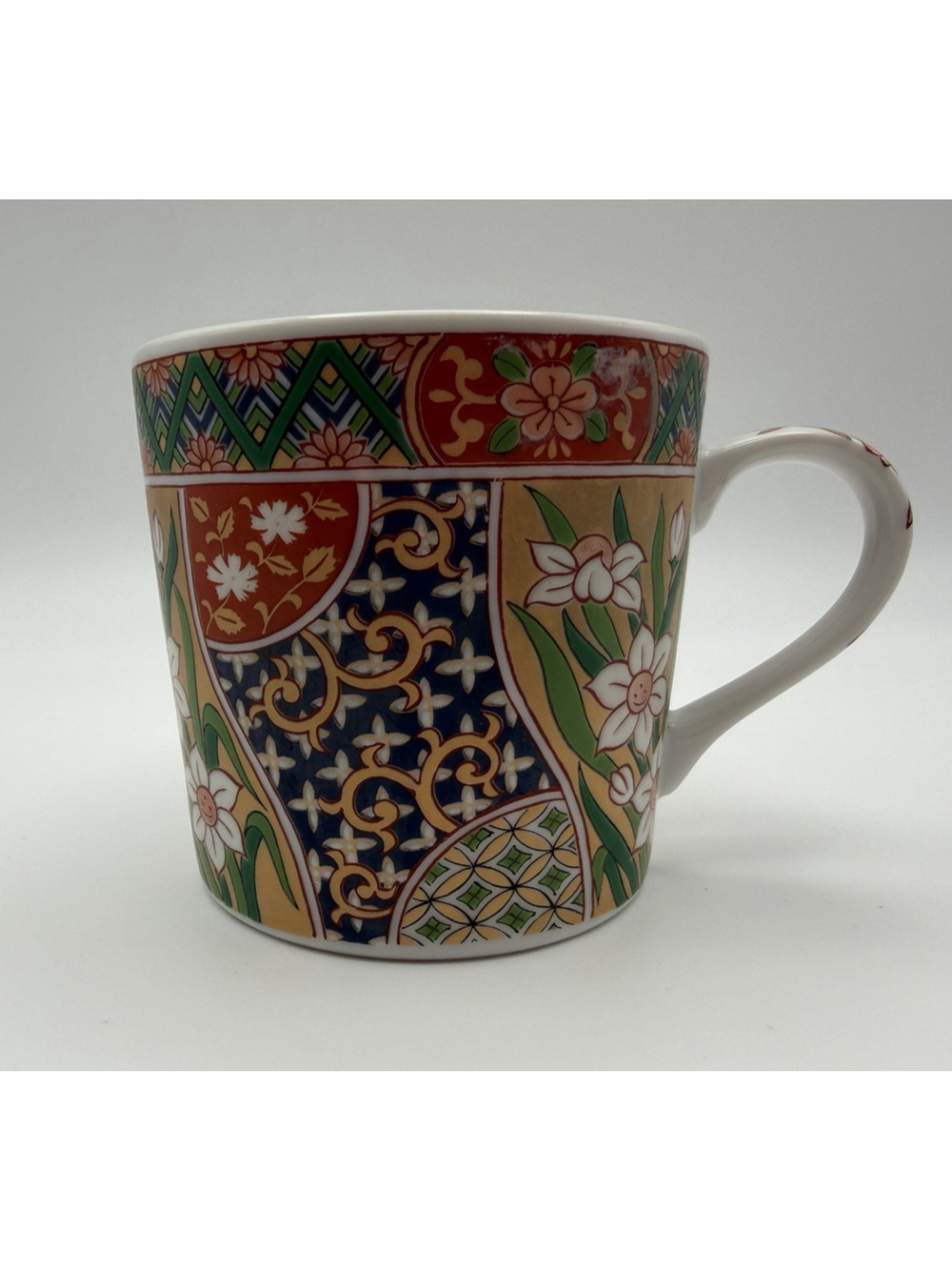 Gumps Karakusa Japanese Porcelain Mug Imari Red Blue Green Gold Tones